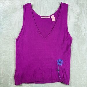 Easel Fuchsia V-Neck Tank with Blue Floral Accent